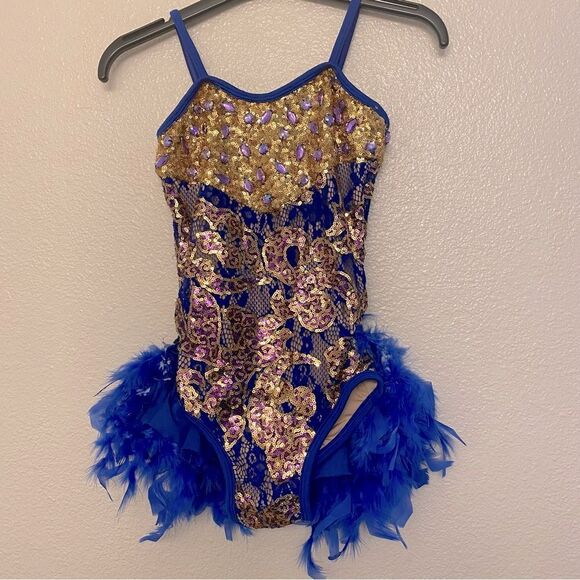 Glamour dance costume solo gold sequin blue feather sassy salsa jazz XLC child - Picture 2 of 11